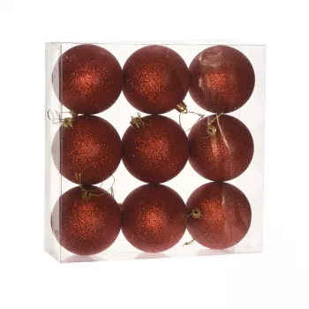  Műanyag gömb dobozban 8 cm piros glitteres 