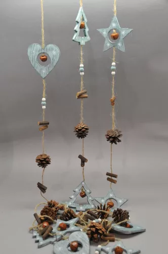 Csillag-Szív-Fenyő Girland Tobozzal-Csengővel Fa 125Cm Kék-Fehér-Barna